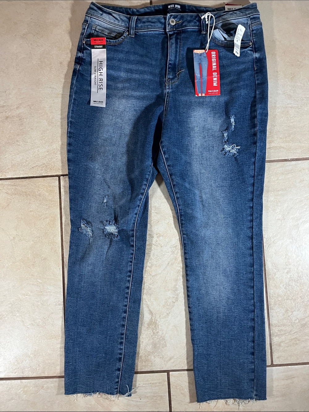 Wax Jean Dark Blue Straight-Leg High-Rise Jeans with Distressed Details